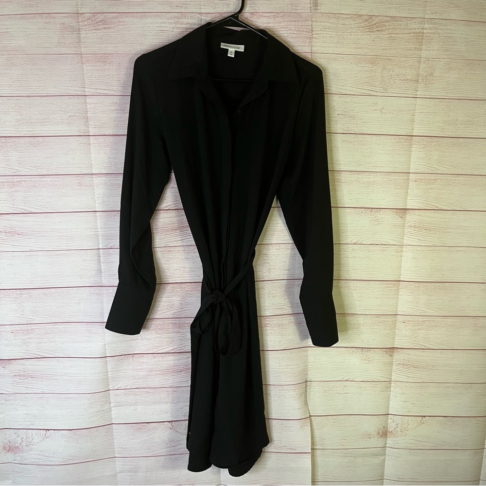 Prologue Black Hidden Button Front Belted Long Sleeve Shirt Dress Size Medium
